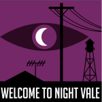 The night Vale logo - a crescent moon that makes up the iris of an eye against a purple background with the silhouettes of a water tower, telephone pole, mountain, and antenna in the foreground.